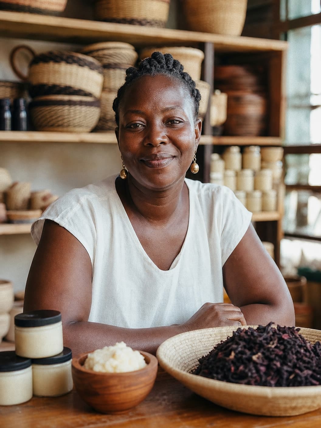 African supplier seated in front of shelves of handcrafted products